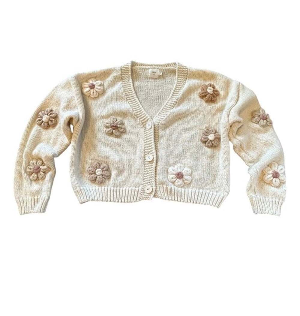 Luna Ivy Cream Knit Cardigan with 3D Flower Appliques